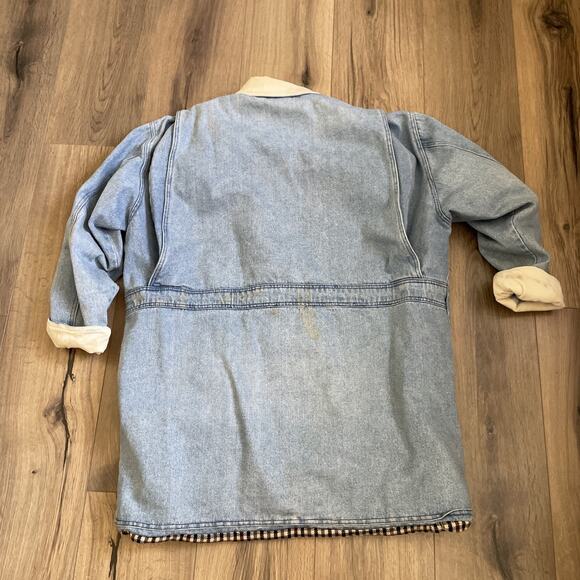 Vintage Blanket Lined Light Wash Denim Barn Chore Jacket Coat Large Read Stain - Picture 13 of 15